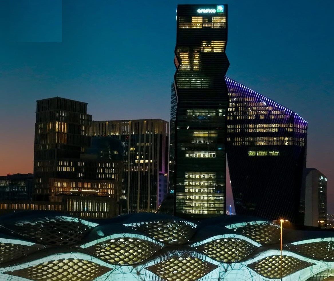 Riyadh skyline at night, financial district towers
